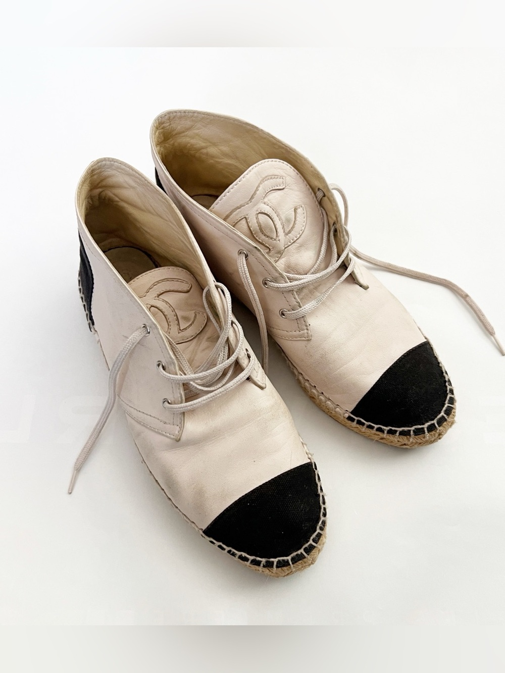 Authentic Chanel Beige and Black Leather High Top Espadrilles 40